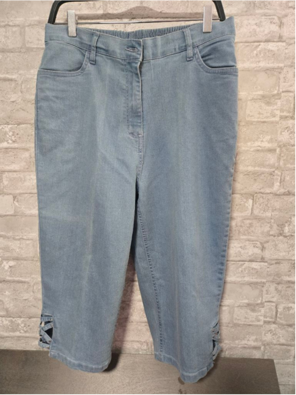 Women's BLAIR Light Blue Denim Capris with Criss-Cross Detail, Size 14